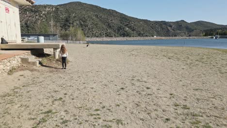 Black-and-white-dog-returns-ball-to-female-child-who-used-stick-to-throw-it