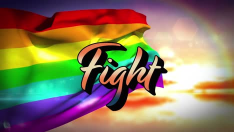 animation of fight text over lgbt flag and sky with clouds