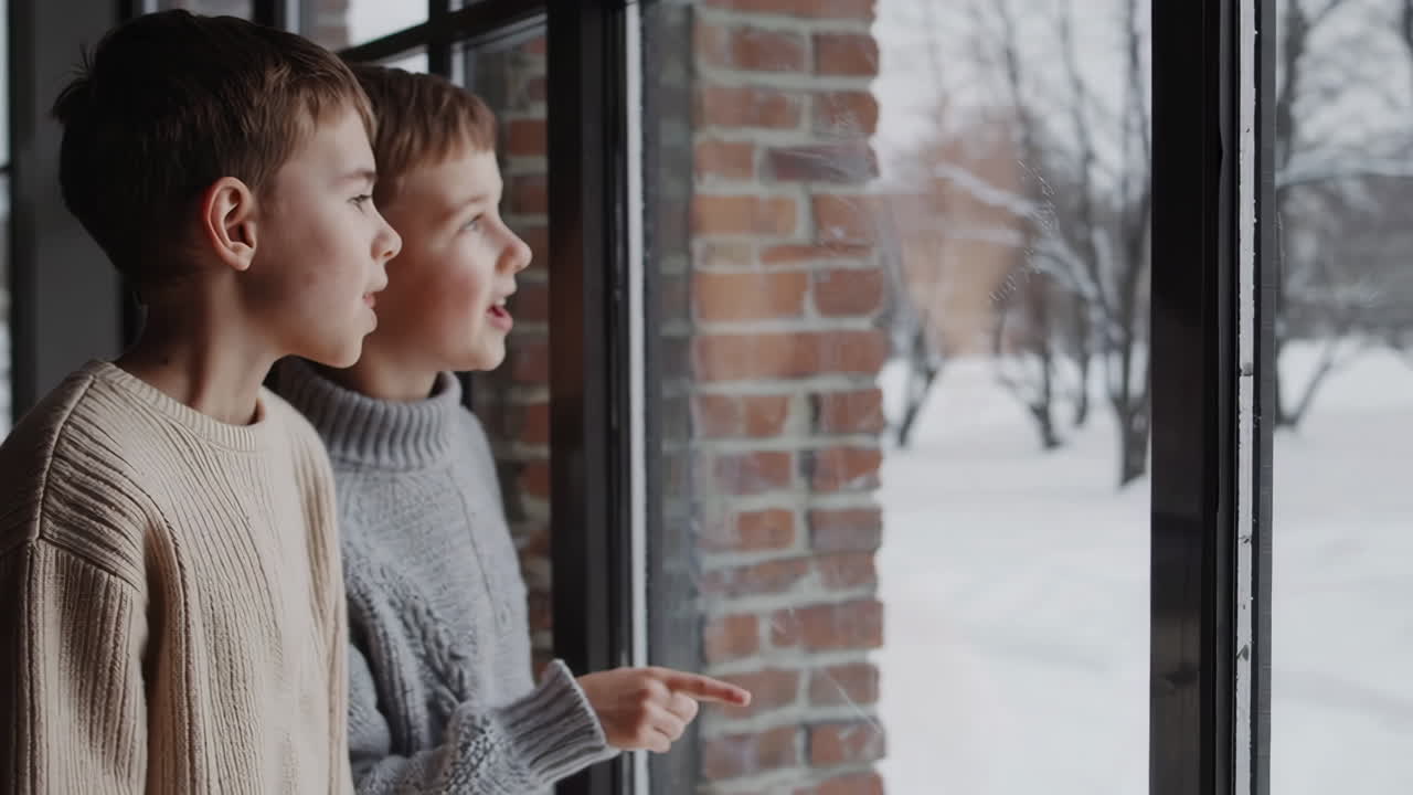 Kaksi poikaa katsoo ikkunasta lumiseen talvimaisemaan