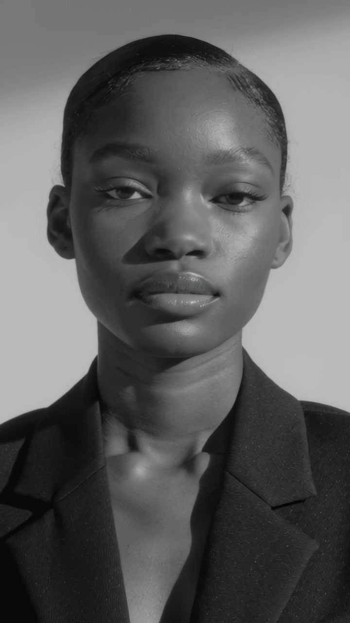 Video vertical: Abriendo los ojos a la señal, modelo manteniendo contacto visual en estudio vistiendo un blazer oscuro.