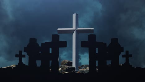 the pillars of the crosses silhouette against the background of dark clouds and lightning