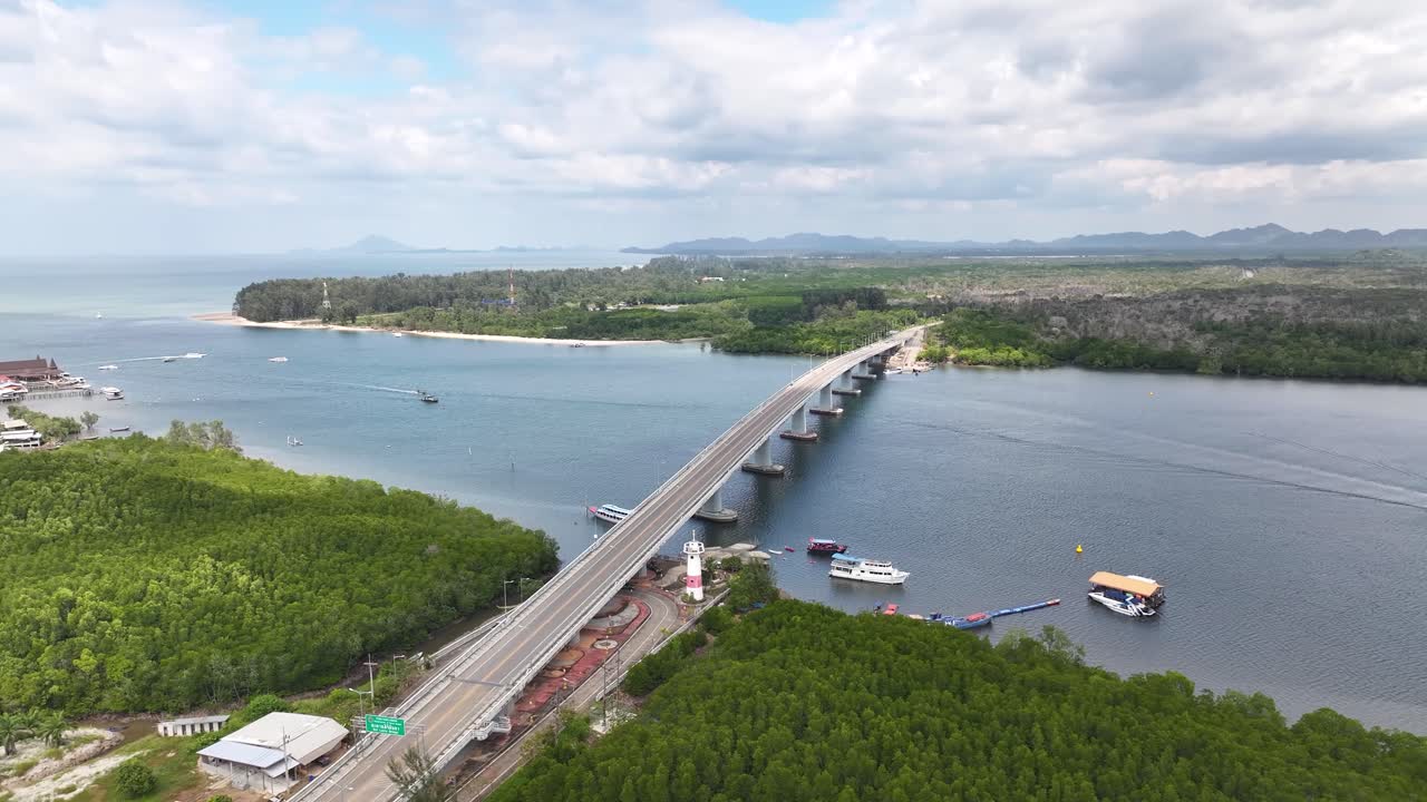Siri Lanta Bridge in Koh Lanta Island aerial view connection between islands in Thailand.