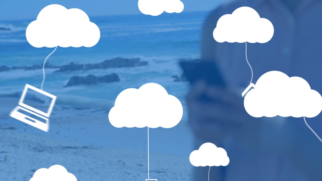 스마트 폰을 사용하는 백인 여성 위에서 전자 장치로 구름의 애니메이션