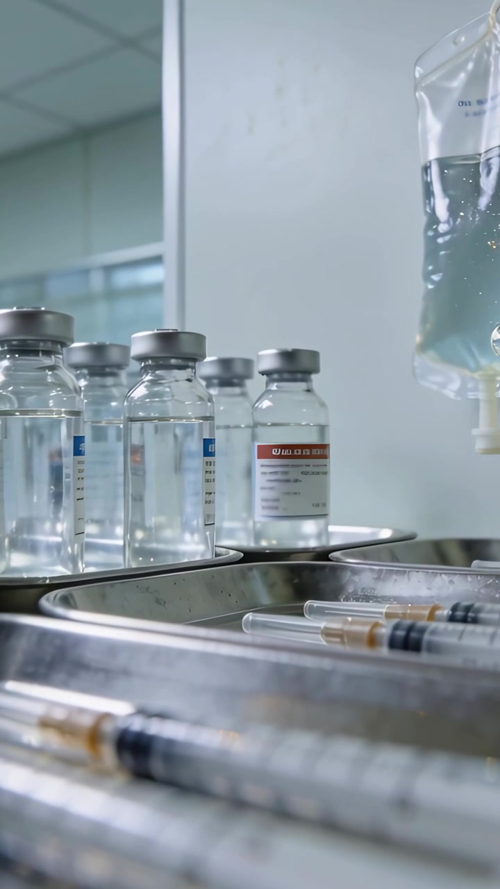 Vertical video: Panning camera revealing glass vials syringes and IV bag at clinic prep for dosing