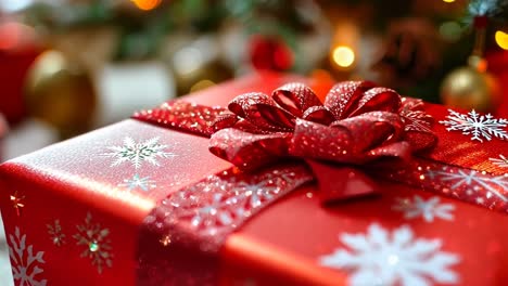 a red gift box sitting on top of a table next to a christmas tree