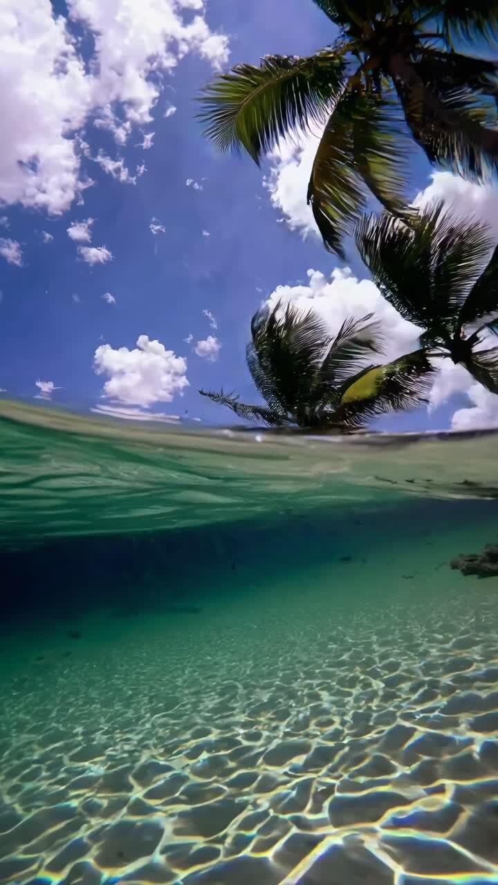 A split-view video captures vibrant underwater life and palm trees against a blue sky