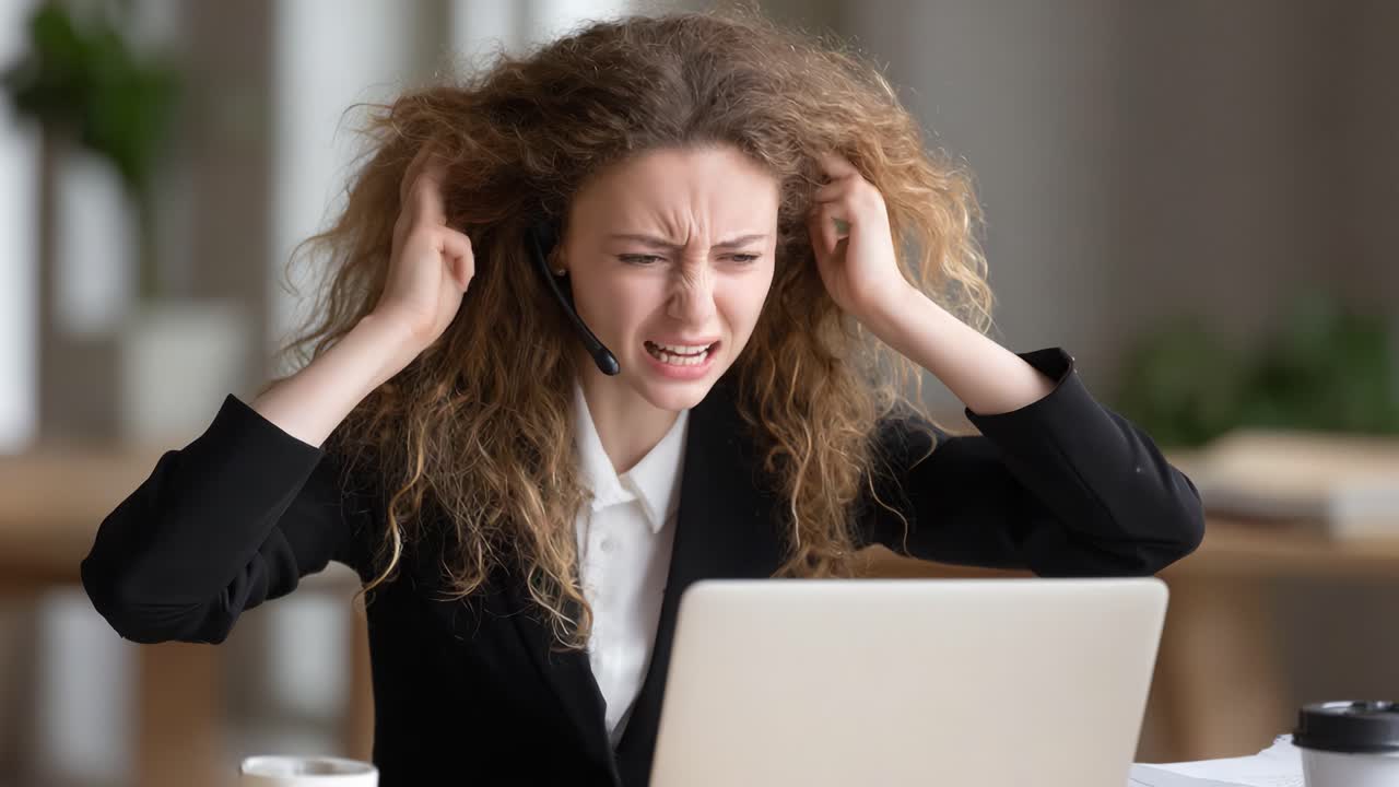 Frustrated Woman Struggling with Tech Issues While Working from Home, Portraying Stress and Anxiety in a Virtual Meeting Environment