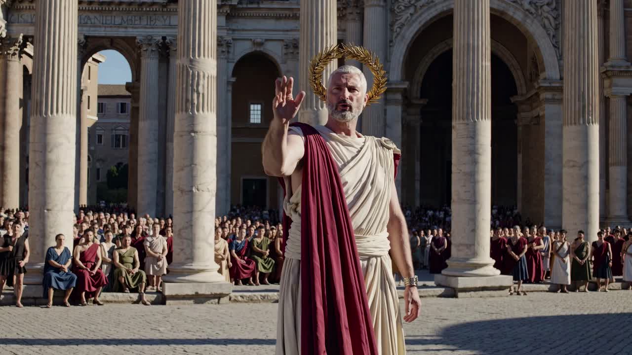 A video still shows a man in Roman attire with a halo, addressing a crowd