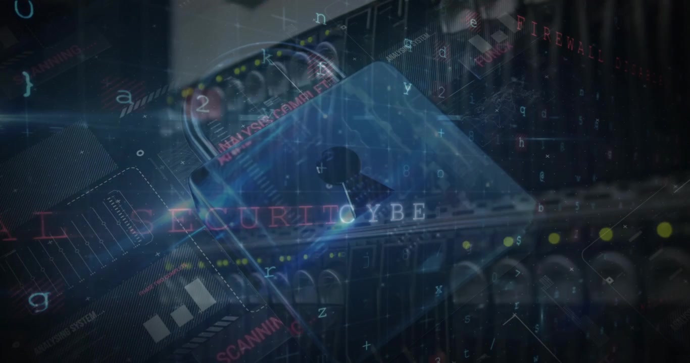 Animation of security padlock over data processing on dark background