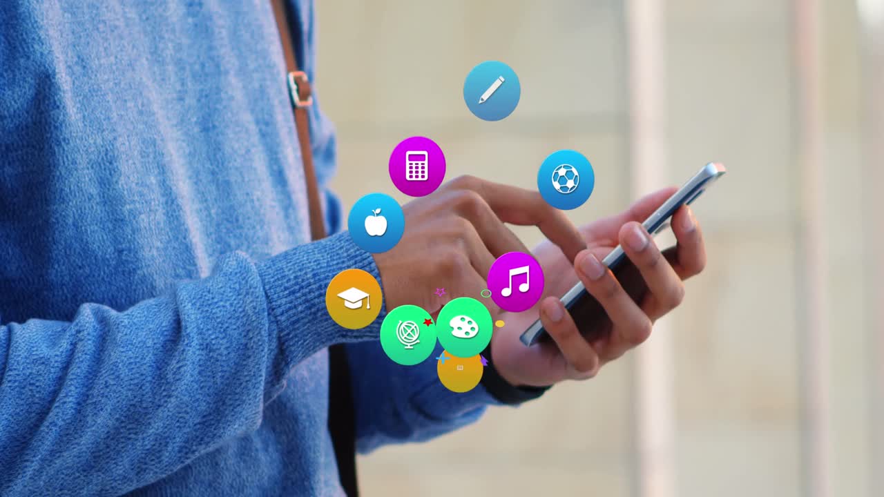 animación de iconos coloridos sobre un hombre biracial usando un teléfono inteligente