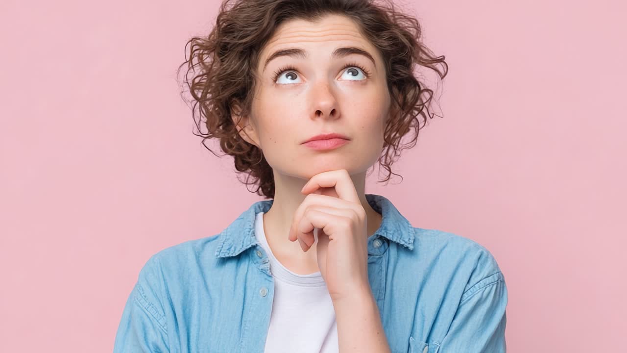 Momenti Contemplativi: Una Giovane Donna dai Capelli Ricci Riflette sulla Vita Guardando Verso l'Alto su uno Sfondo Rosa Tenue, Esprimendo Curiosità e Riflessione