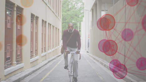 animación de redes con iconos digitales sobre hombre afroamericano montando bicicleta en la ciudad
