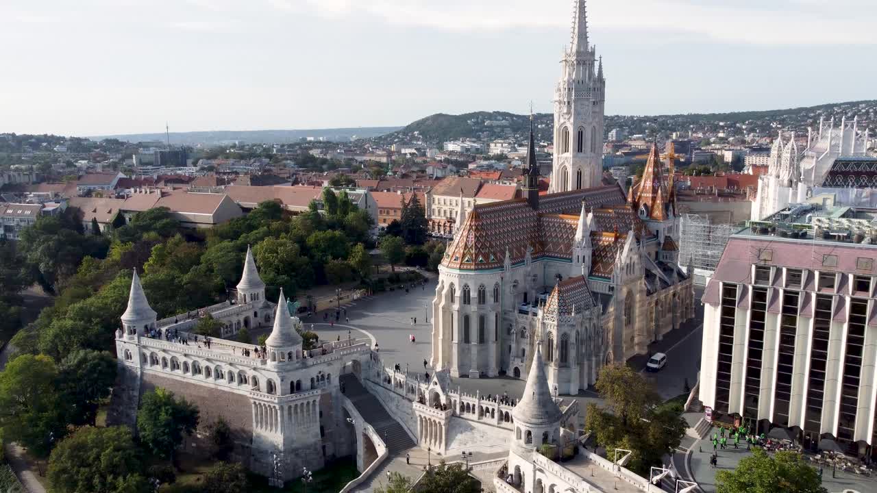 Drone pan toward Matthias Church and Fisherman's Bastion, Castle Hill, Budapest