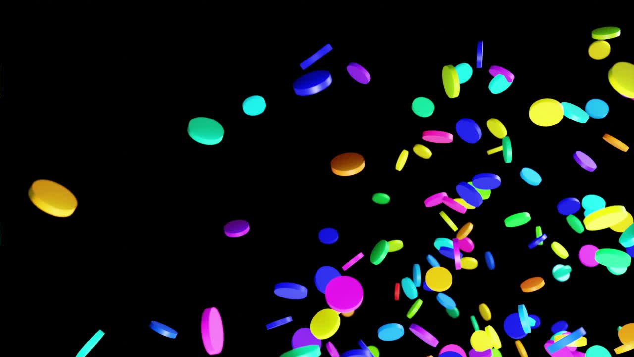 추상적인 축제 배경은 원의 구름과 같은 디스크가 무작위로 박이는 네온 빛, 공중에서 회전하는 다채로운 실린더, 4k에서 아름다운 루프, 부드러운 흔들리는 애니메이션, 3d 렌더링.