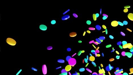 abstract festive background with cloud of circles like disks flashing neon light randomly. multi-colored cylinders rotating in the air. loop beautiful bg in 4k. smooth wiggling animation, 3d rendering