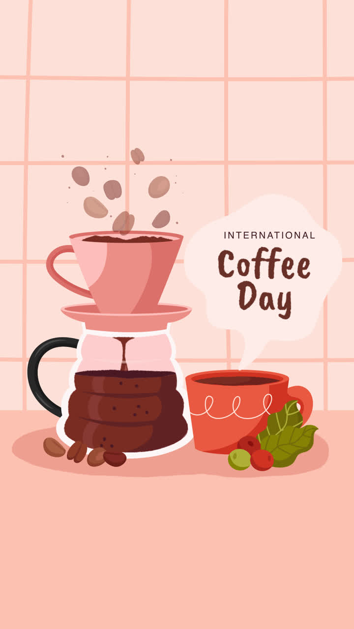 국제 커피의 날 축하를 위한 평평한 일러스트레이션의 애니메이션