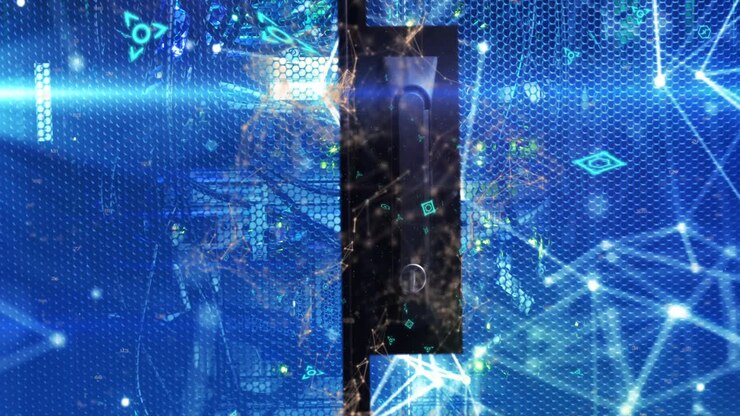 Animazione di codice QR su connessioni su spazio blu