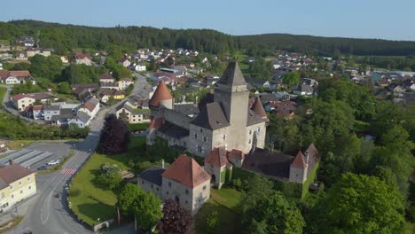 breathtaking aerial top view flight austria heidenreichstein castle in europe, summer of 2023