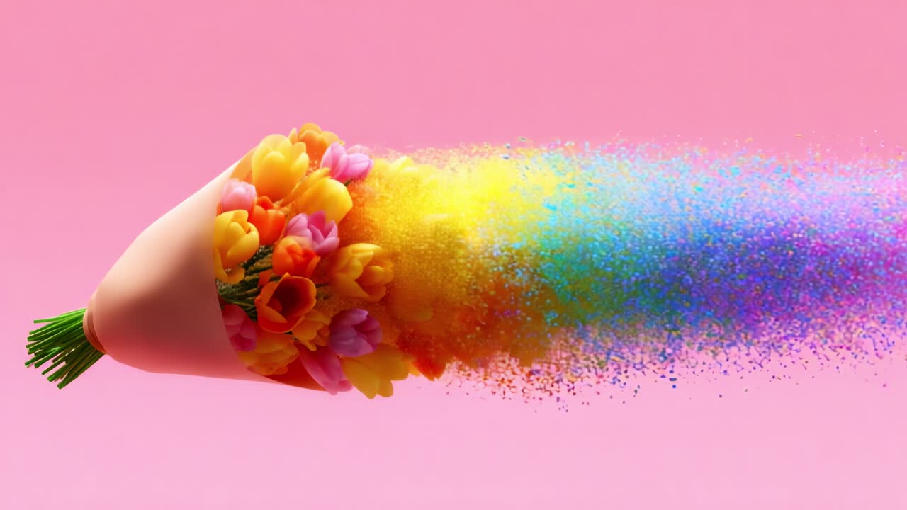 A Vibrant Display of Colorful Flowers Explodes from a Bouquets, Creating a Whimsical Cloud of Colorful Particles Against a Soft Pink Background