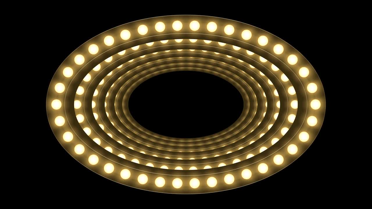 caja de bombilla incandescente de túnel marco de forma ovalada patrón móvil, estilo retro 3d ilustración de estilo virtual brillo en fondo oscuro animación de bucle sin costuras 4k, con espacio de copia