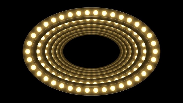 Tunnel Incandescent light bulb box frame oval shape moving pattern, retro 3D virtual style illustration glow in dark background seamless looping animation 4K, with copy space