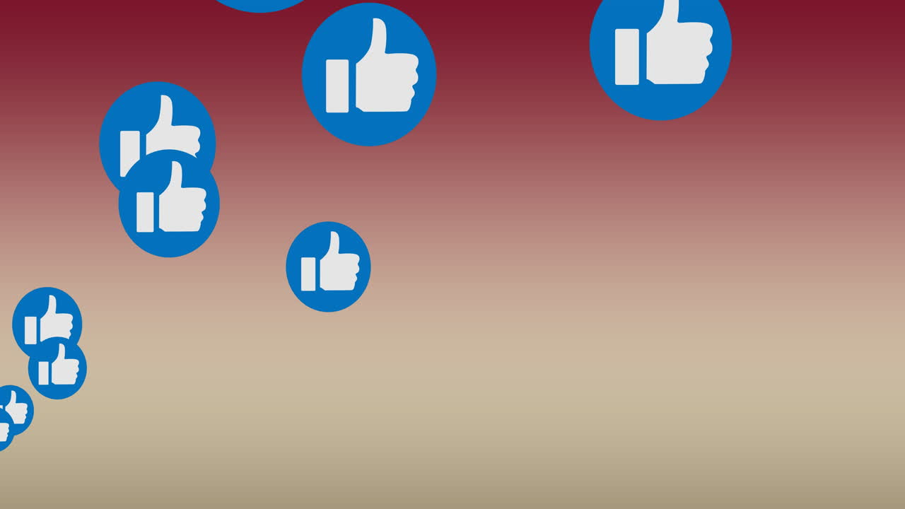 Animazione digitale di diverse icone "Mi piace" su un banner rotondo blu che fluttuano su uno sfondo sfumato.