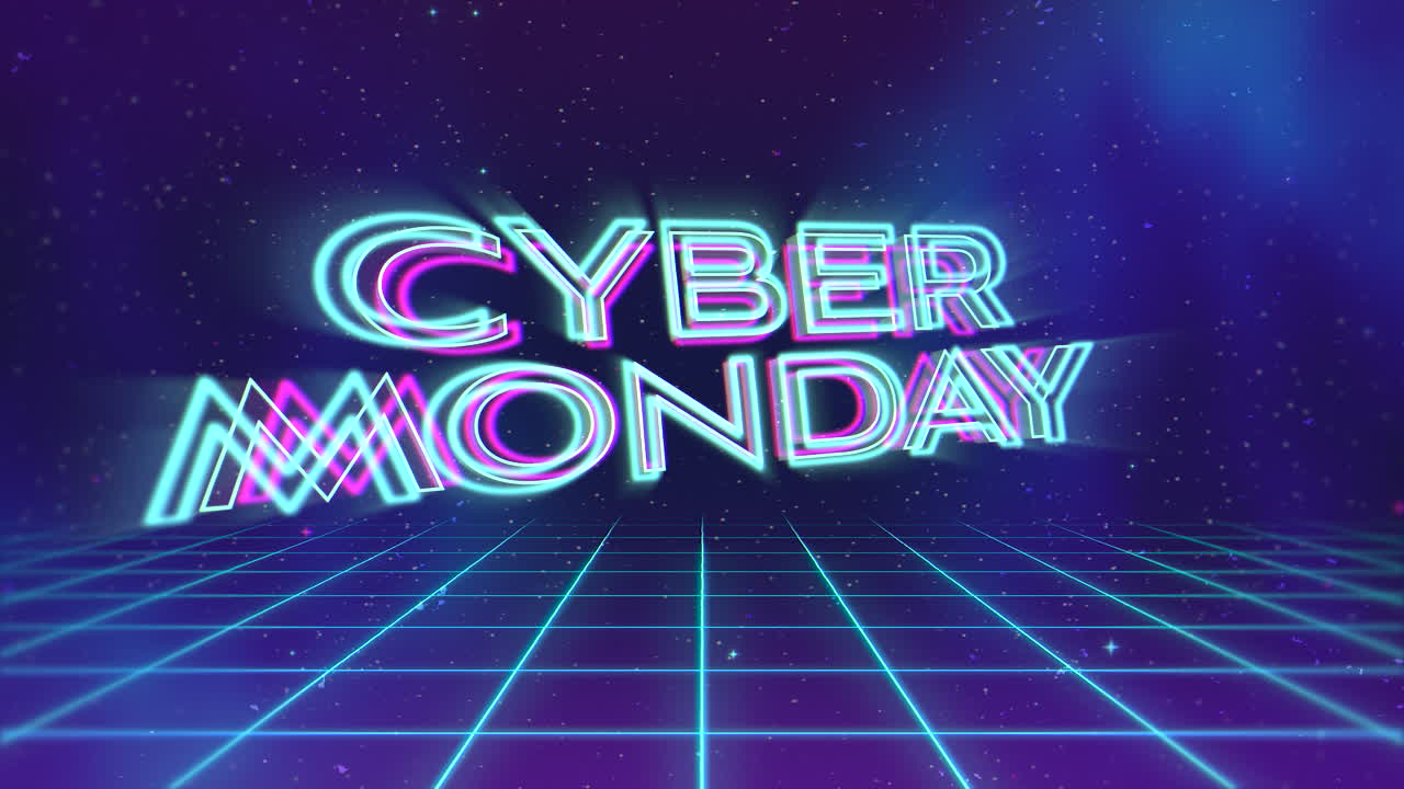 Cyber Monday with neon grid and lines in dark space