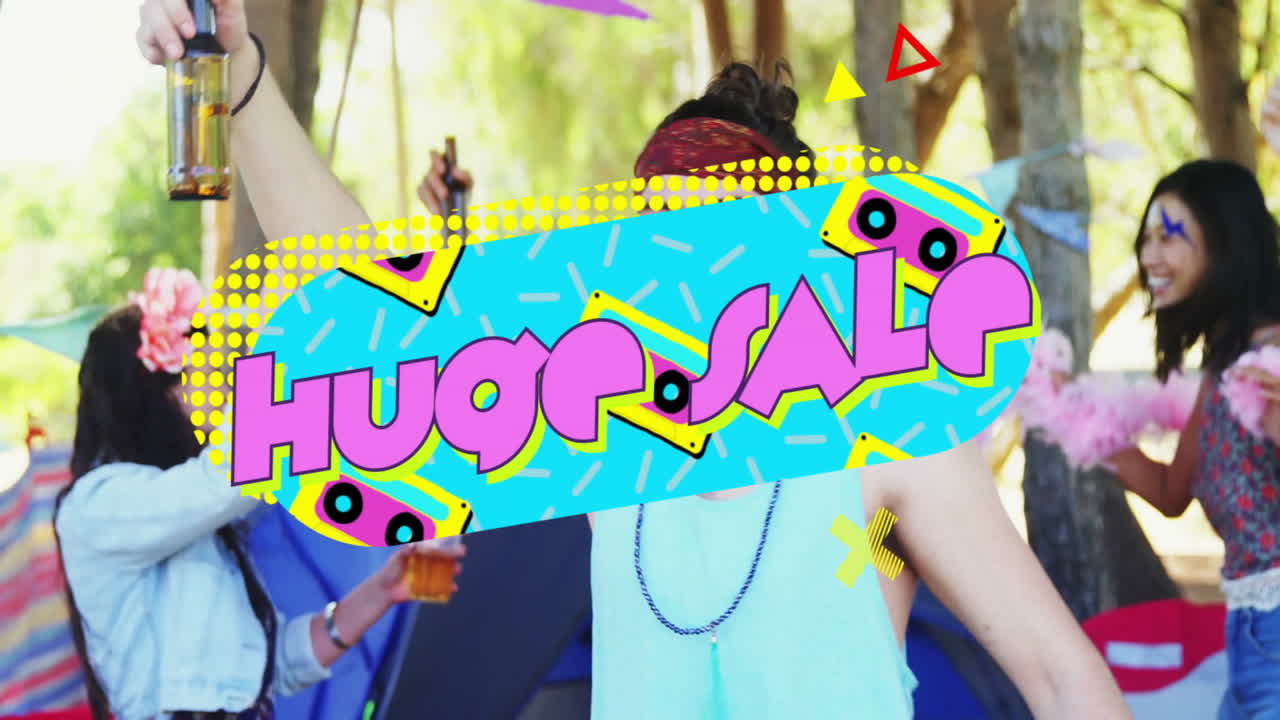 Celebrating outdoors, people with drinks and decorations under huge sale text animation