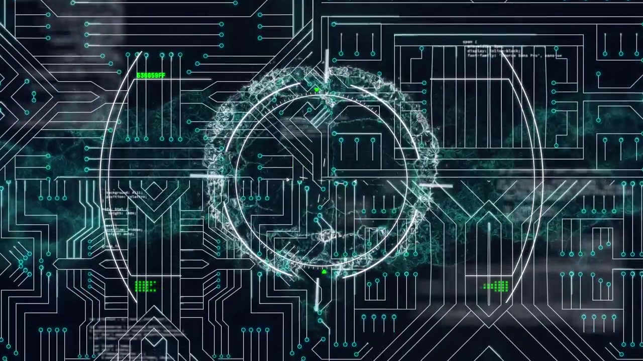 Animation of computer circuit board and scientific data