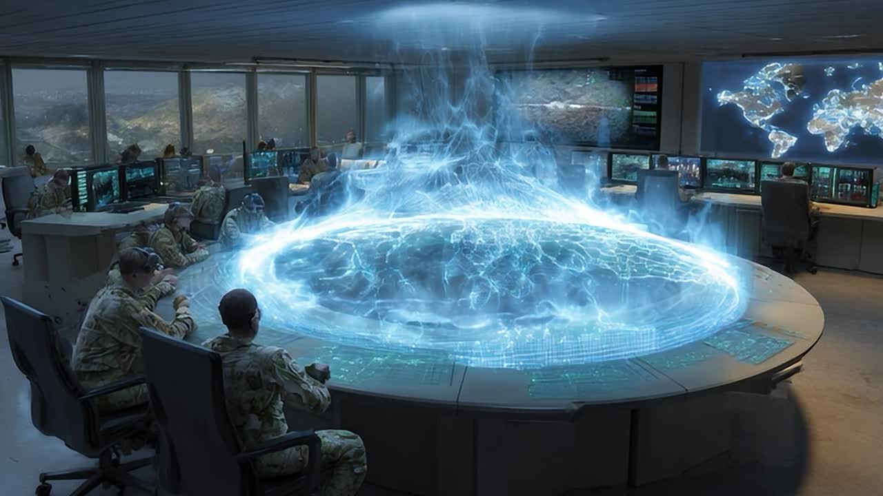 Military personnel monitoring operations in a high-tech command center