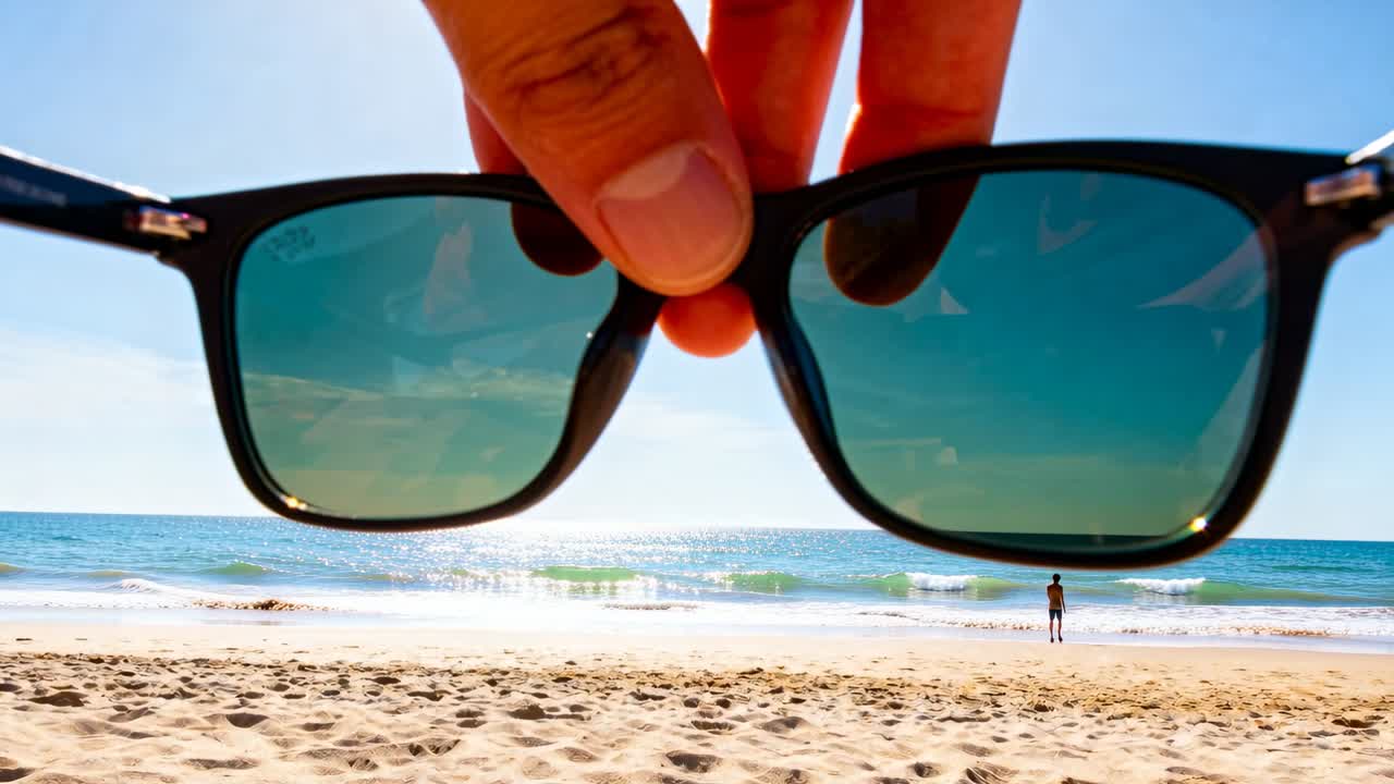 Mano tatuada sosteniendo gafas de sol de montura negra y lentes verdes, encuadrando una playa soleada con un caminante que se acerca al agua.