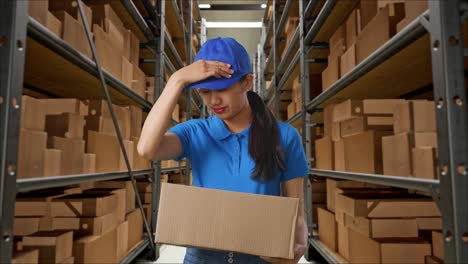 cansada mensajera asiática en uniforme azul sacudiendo la cabeza mientras entregaba un cartón en el almacén