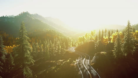 scenic winding train tracks through vibrant forest landscape at sunset