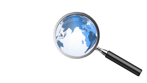 animation of world map and magnifying glass over white background