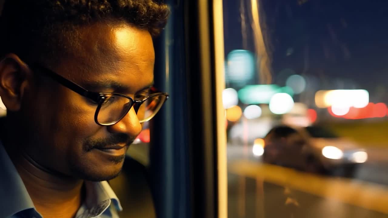 밤 에 버스 의 창문 밖 을 바라보는 사람