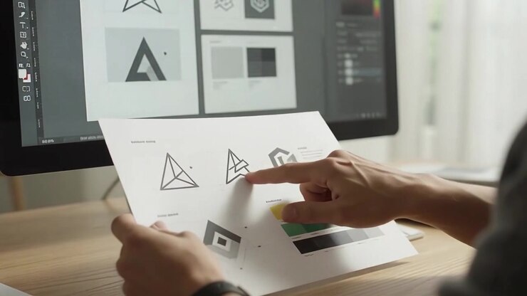 Graphic Designer Reviewing Logo Concepts on Paper and Computer