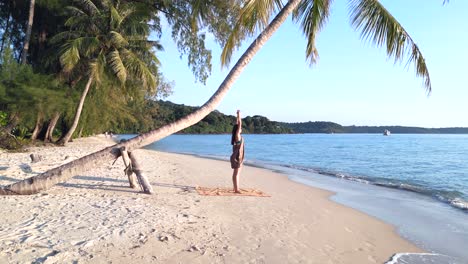 Atemberaubender-Flug-Aus-Der-Luft,-Statisches-Stativ,-Schwebende-Drohne-Eines-Yoga-Mädchens,-Das-Am-Strand-Von-Seacret-Unter-Palmen-Steht