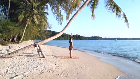 stunning aerial view flight static tripod hovering drone of a yoga girl standing up on seacret beach under palmtree