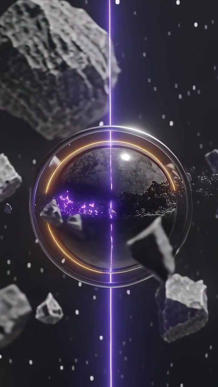 Vertical video: Starting dark orb emitting purple beam, glowing core, gold ring in asteroid field