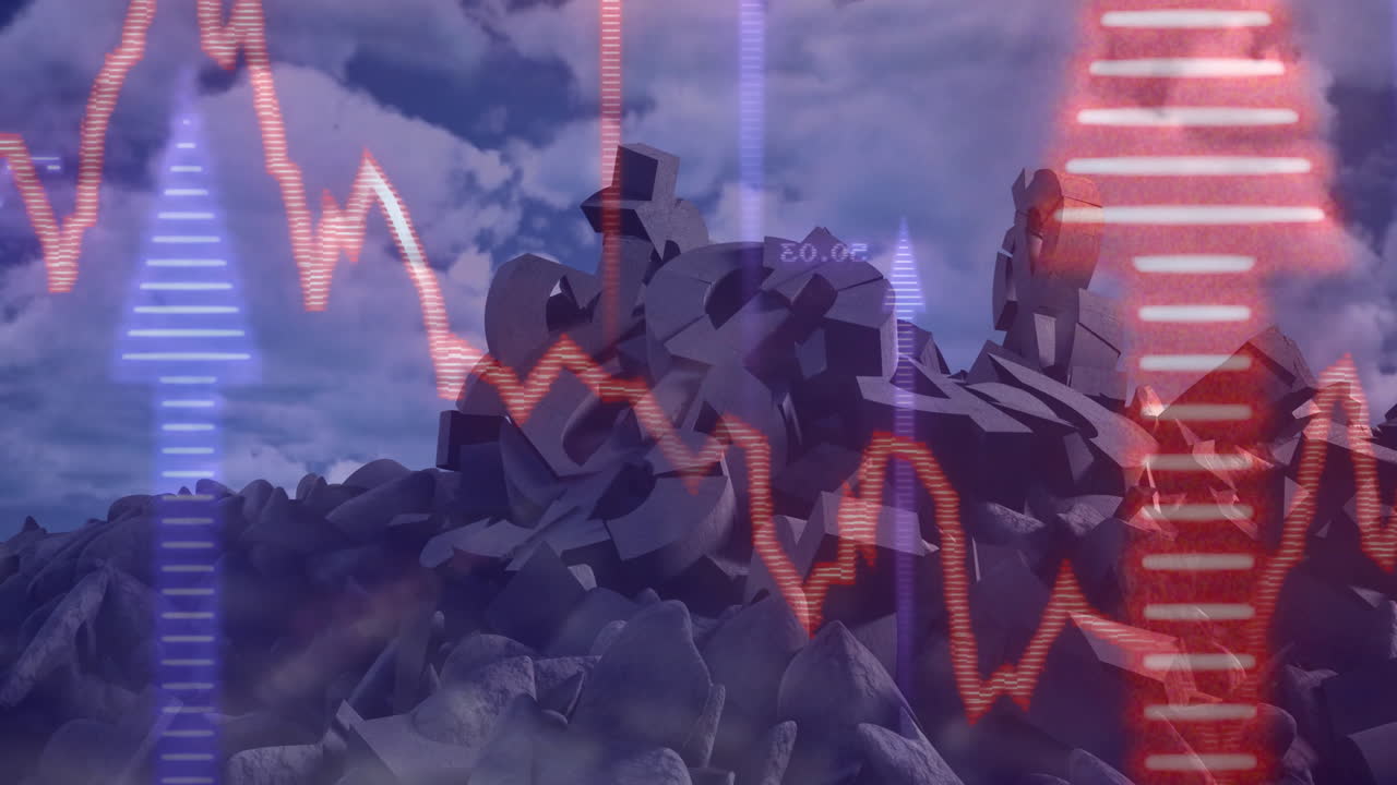 Animation of financial graphs overlaying rocky landscape with data visualization