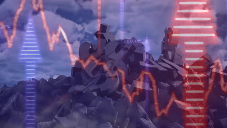 animation of financial graphs overlaying rocky landscape with data visualization