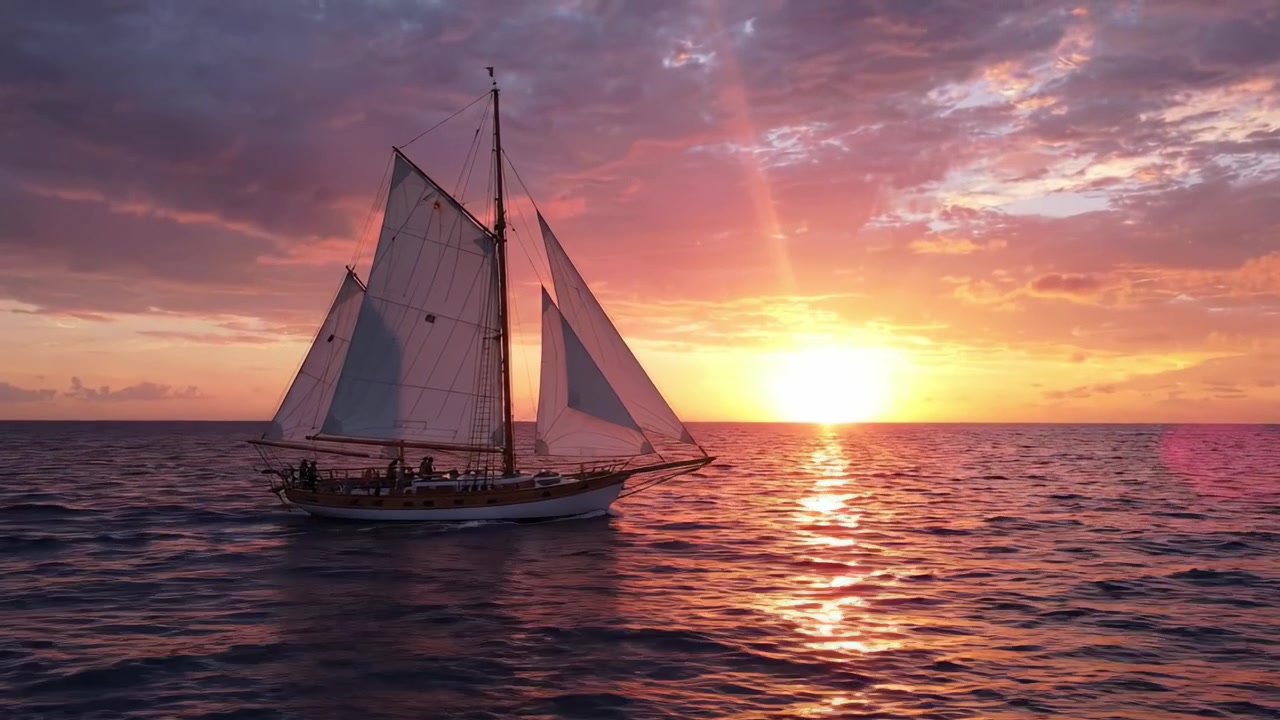 Un maestoso veliero scivola attraverso il tramonto vibrante, le sue vele perfettamente spiegate su uno sfondo di colori caldi e acque riflettenti