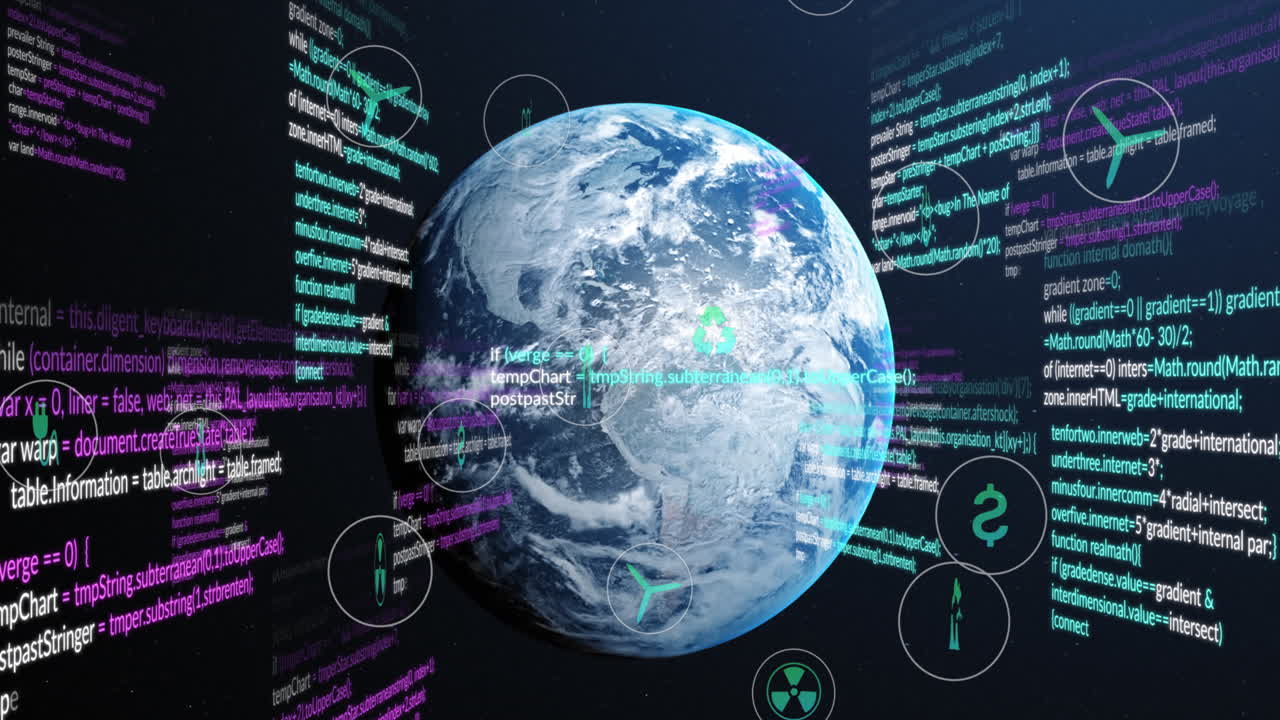 전 세계 에코 아이콘과 데이터 처리의 애니메이션