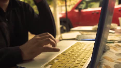 Ein-Typ,-Der-An-Seinem-Computer-Auf-Dem-Land-Arbeitet,-Mobile-Büros,-Fernarbeit