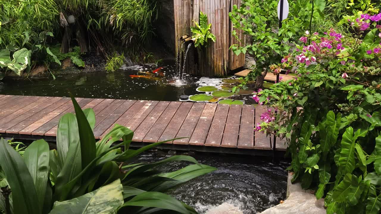 Peaceful Koi Pond Garden with Wooden Bridge