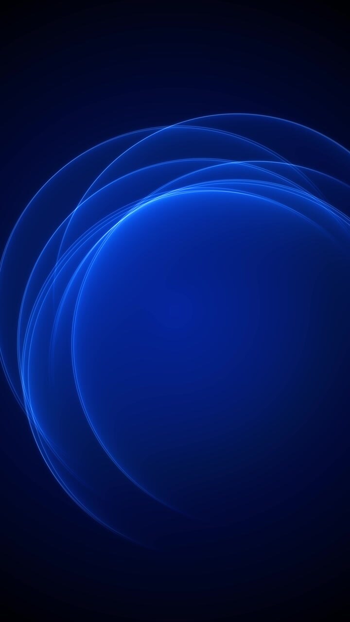 Sfondo animato blu scuro con anelli blu luminosi, archi ampi, scie orbitali lisce e minimale