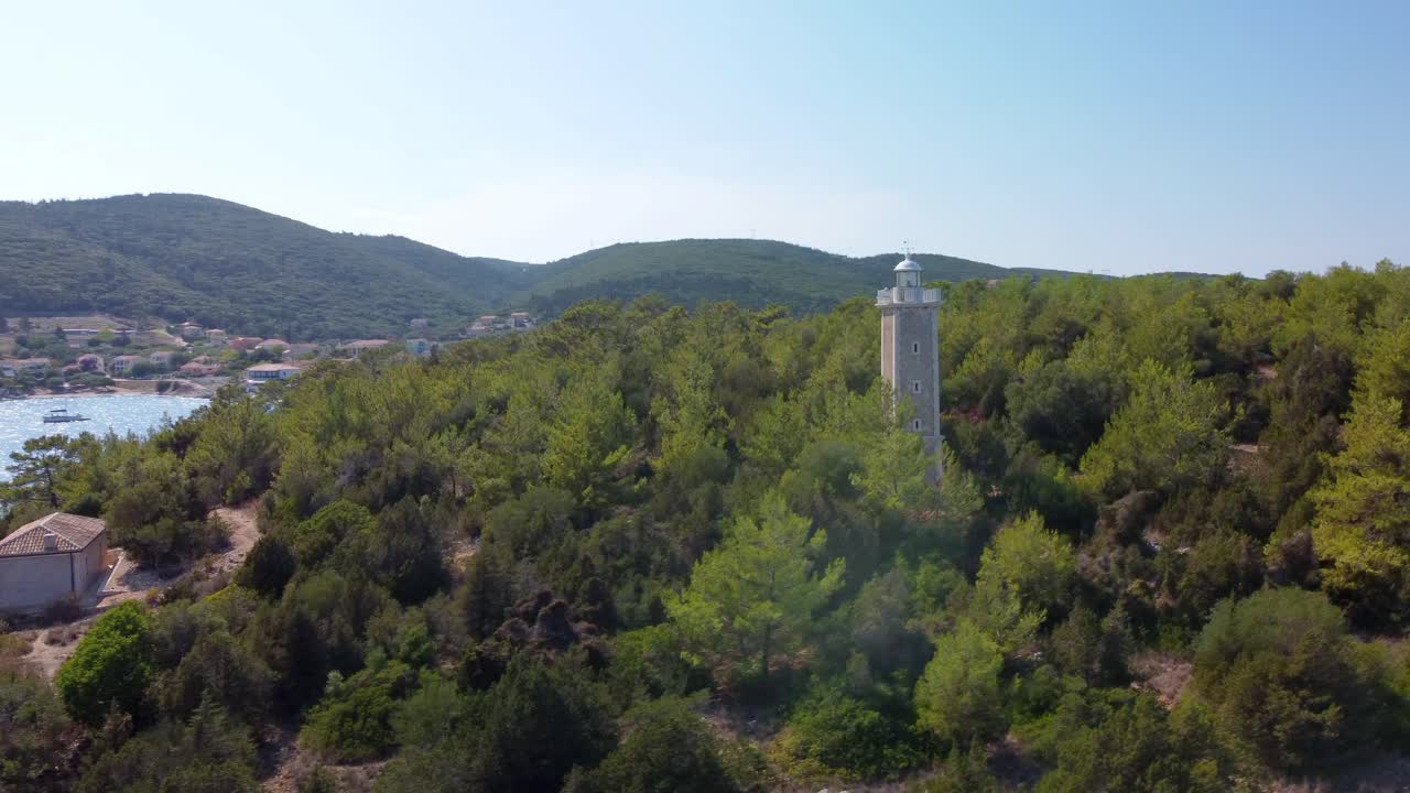 Venetian Lighthouse Near Fiskardo Fishing Harbour Town In Cephalonia Island, Greece. Aerial