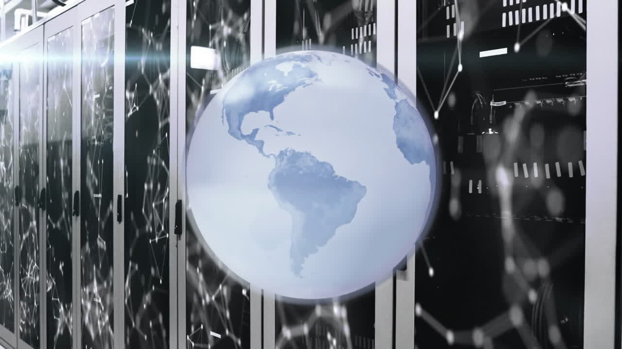 animación del globo y procesamiento de datos digitales a través de servidores informáticos