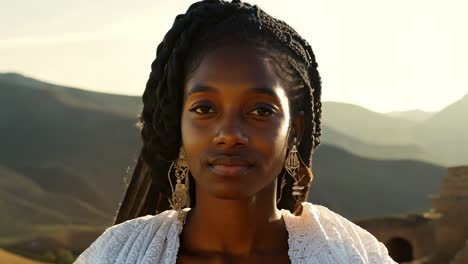 retrato de una joven africana con trenzas y pendientes, mirando a la cámara