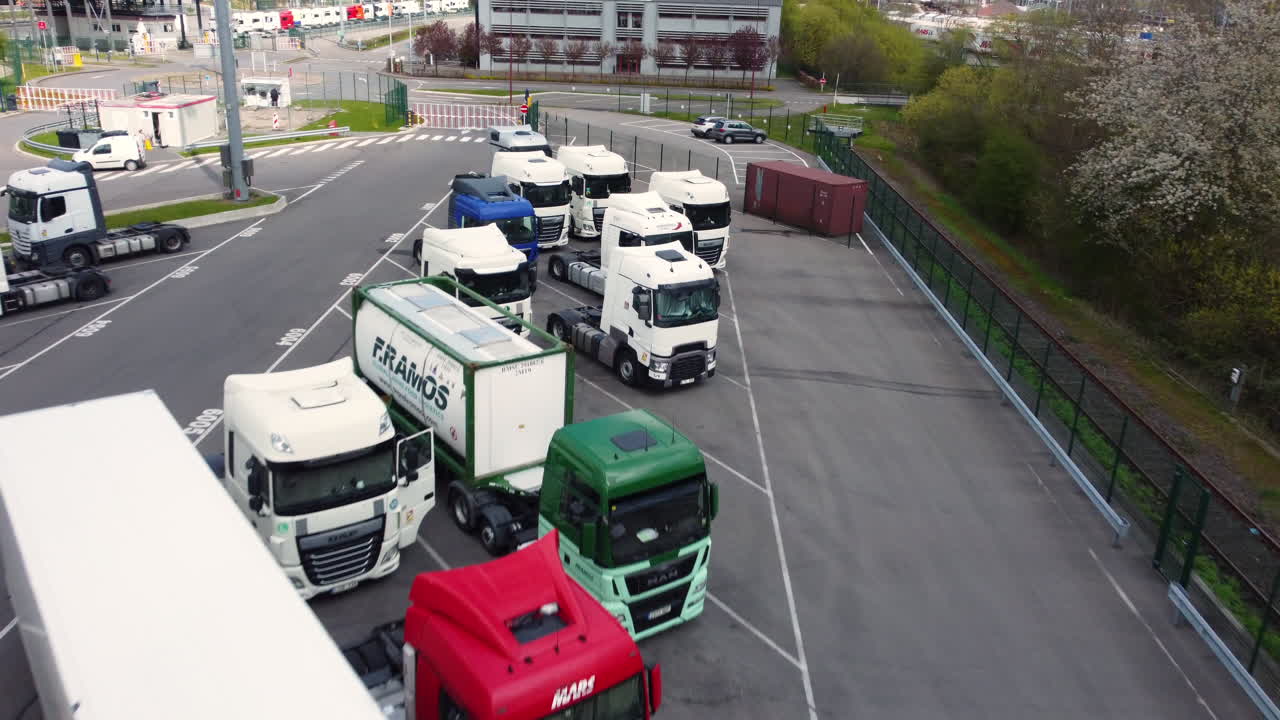 Trucks parked in a transportation hub